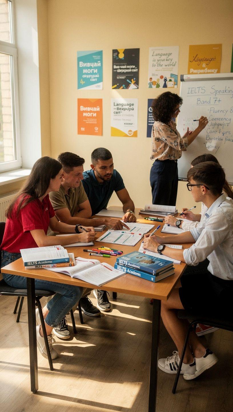 Student studying with textbooks and laptop, preparing for NMT, IELTS, and TOEFL exams in a focused, professional environment